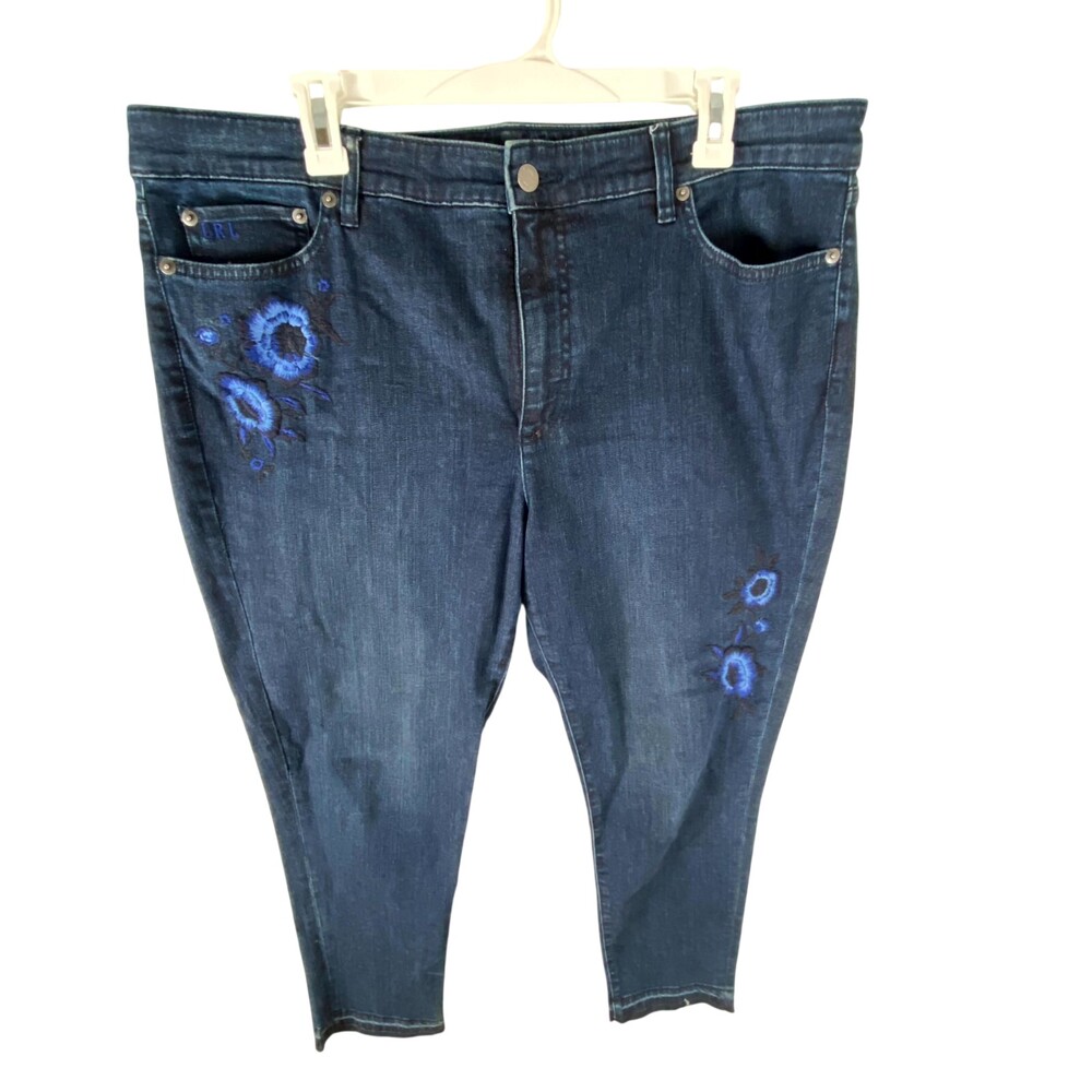 Lauren Ralph Lauren Crop Jeans Women 16 Blue Denim Floral Embroidered Skinny Fit